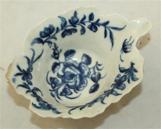 A rare Worcester Butter Boat Formal Rose pattern blue and white butter boat, c.1760-5, length 9.2cm, tiny nick and hairline crack